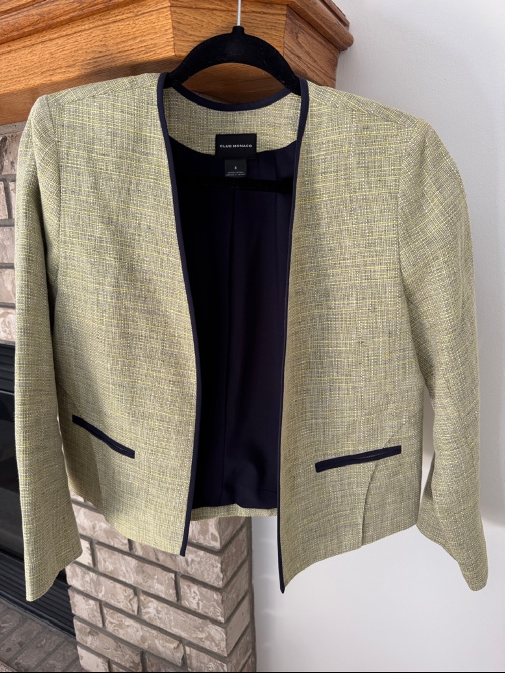 Club Monaco Light Green Textured Collarless Blazer with Navy Trim